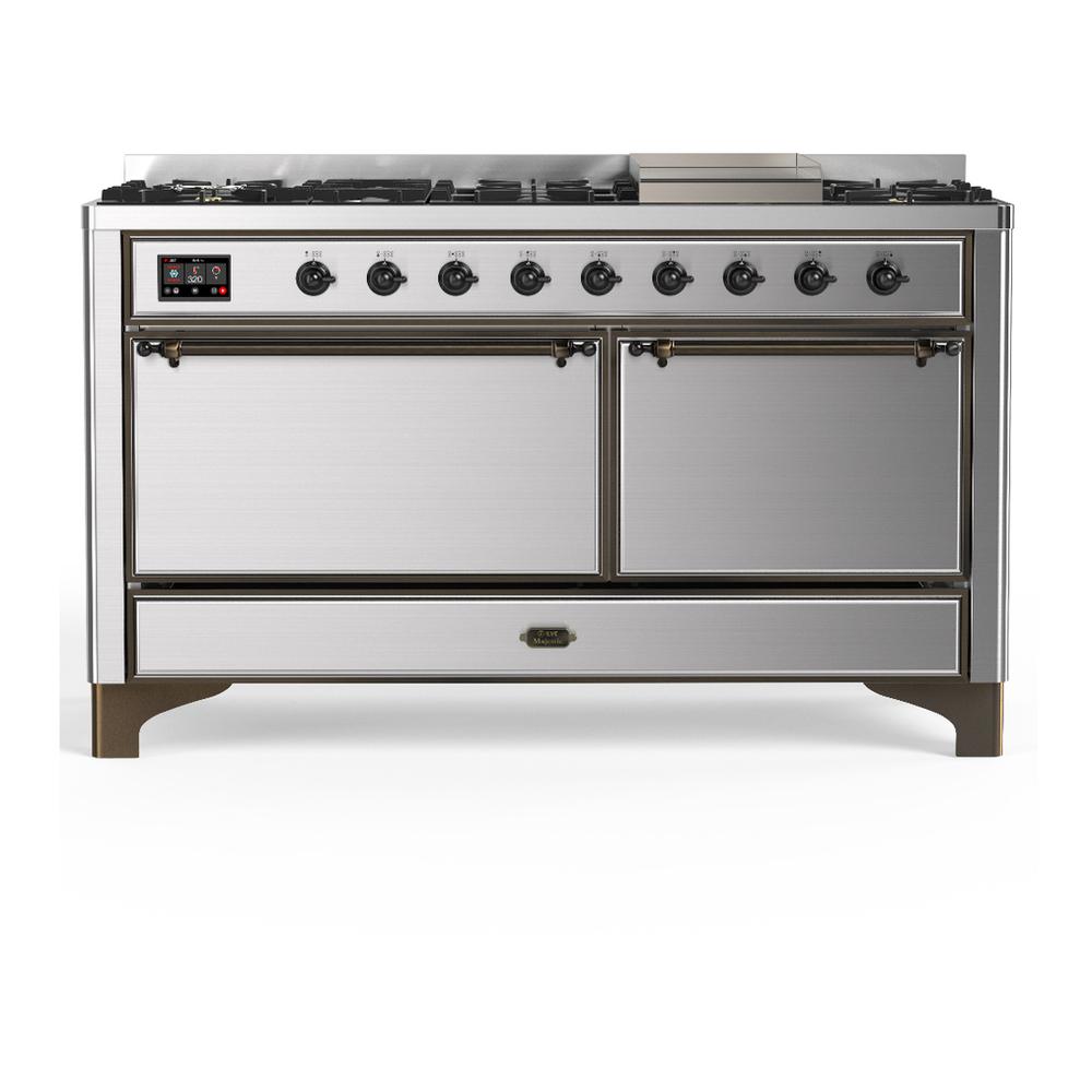 Ilve UM60FQNR3SSB Ilve Um60Fqnr3Ssb Majestic Iii 60 Inch Dual Fuel Range With 9 Burners And Griddle, Dual Function Burner Up To 25,000 Btu (Natural Gas, Solid Door, Stainless Steel, Burnished)
