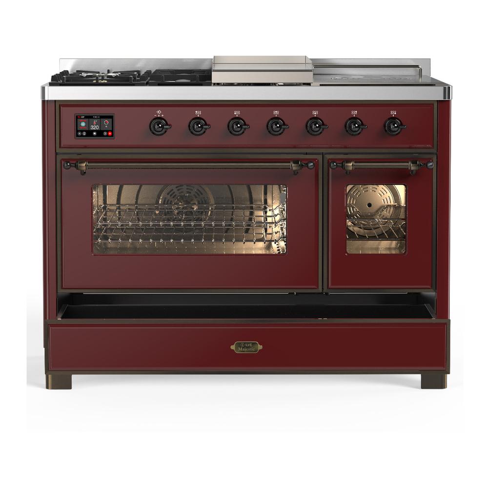 Ilve UM48FSNR3BUBLP Ilve Um48Fsnr3Bublp Majestic Iii 48 Inch Dual Fuel Range With 5 Black Brass Burners, Griddle And French Top, Dual Function Burner Up To 25,000 Btu (Liquid Propane, Triple Glass Door, Burgundy, Burnished)
