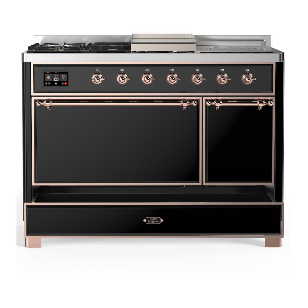 Ilve UM48FSQNR3BKPLP Ilve Um48Fsqnr3Bkplp Majestic Iii 48 Inch Dual Fuel Range With 5 Black Brass Burners, Griddle And French Top, Dual Function Burner Up To 25,000 Btu (Liquid Propane, Solid Door, Glossy Black, Copper)