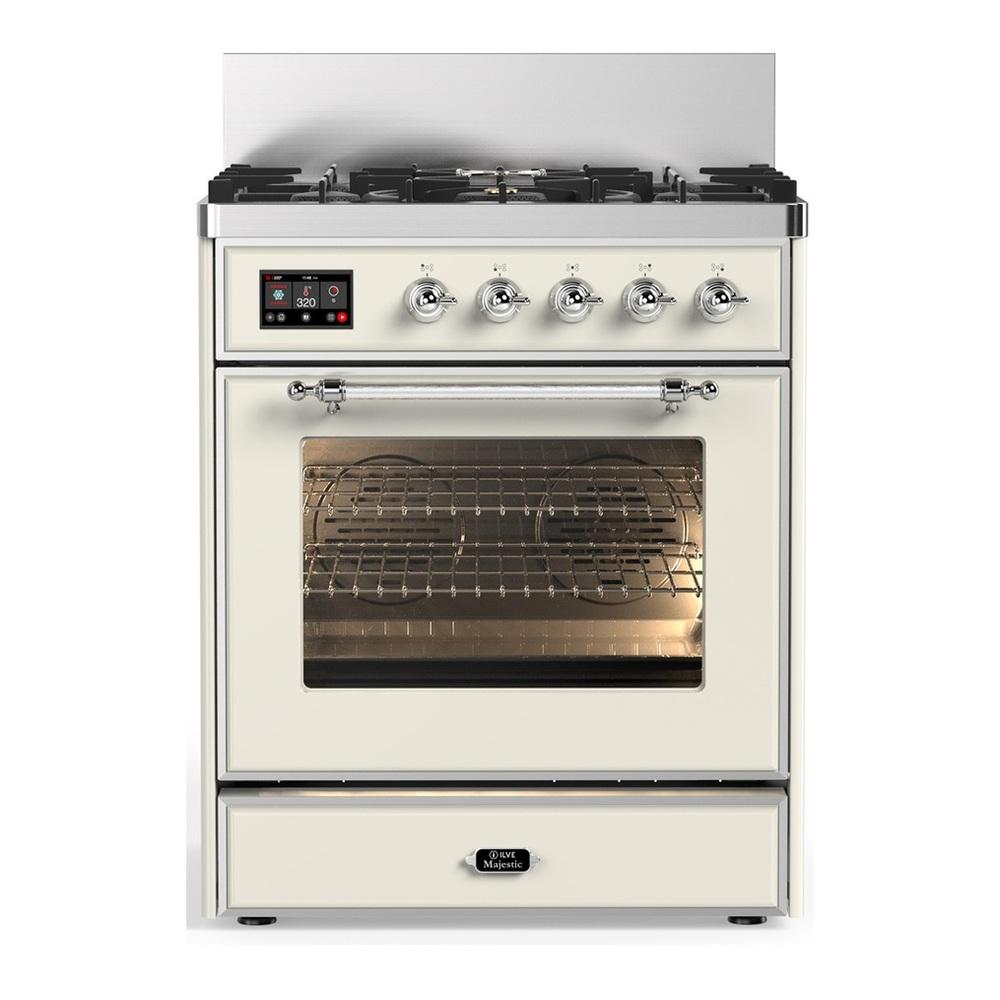 Ilve UM30NR3AWCLP Ilve Um30Nr3Awclp Majestic Iii 30 Inch Dual Fuel Range With 5 Black Brass Burners, Dual Function Burner Up To 25,000 Btu (Liquid Propane, Triple Glass Door, Antique White, Chrome)