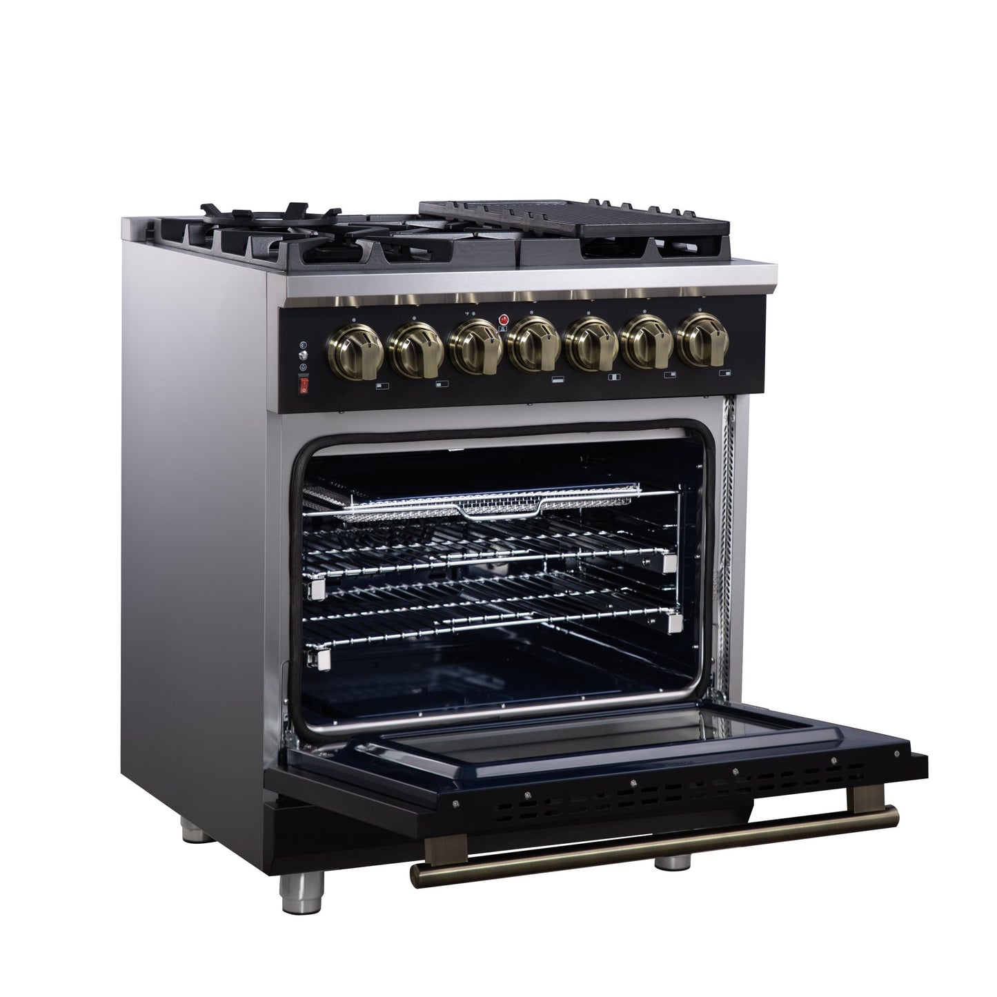 Forno FFSGS612530BLK Forno Massimo 30-Inch Freestanding Dual Fuel Range In Black With Antique Brass Accessories, 4 Burners, 4.32 Cu. Ft. Convection Oven