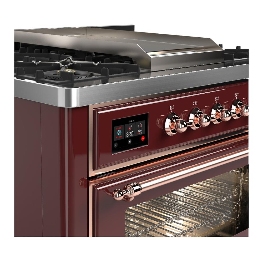 Ilve UM36FNR3BUPLP Ilve Um36Fnr3Buplp Majestic Iii 36 Inch Dual Fuel Range With 6 Black Brass Burners And Griddle, Dual Function Burner Up To 25,000 Btu (Triple Glass Door, Burgundy, Copper, Liquid Propane)