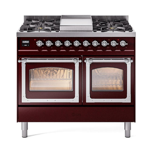 Ilve UND40FNMPBUC Ilve Und40Fnmpbuc Nostalgie Ii Noblesse 40" Dual Fuel Range (Natural Gas, Triple Glass Door, Burgundy, Chrome)