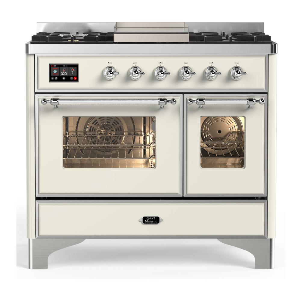 Ilve UMD40FNR3AWCLP Ilve Umd40Fnr3Awclp Majestic Iii 40 Inch Dual Fuel Range With 6 Burners And Griddle, Dual Function Burner Up To 25,000 Btu (Liquid Propane, Triple Glass Door, Antique White, Chrome)