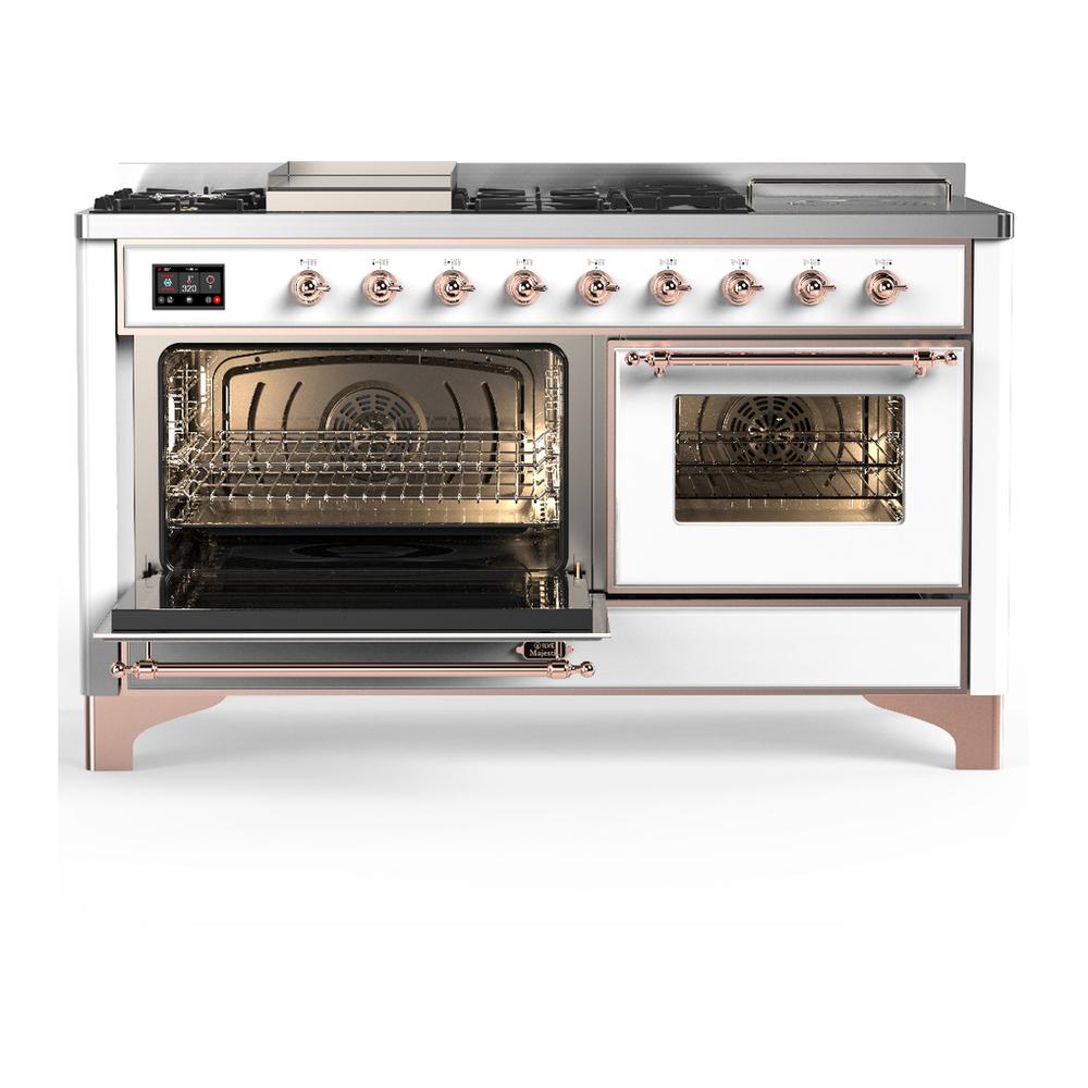 Ilve UM60FSNR3WHPLP Ilve Um60Fsnr3Whplp Majestic Iii 60 Inch Dual Fuel Range With 7 Burners, Griddle And French Top, Dual Function Burner With Up To 25,000 Btu (Liquid Propane, Triple Glass Door, White, Copper)