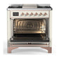 Ilve UM36FNR3AWPLP Ilve Um36Fnr3Awplp Majestic Iii 36 Inch Dual Fuel Range With 6 Black Brass Burners And Griddle, Dual Function Burner Up To 25,000 Btu (Triple Glass Door, Antique White, Copper, Liquid Propane)