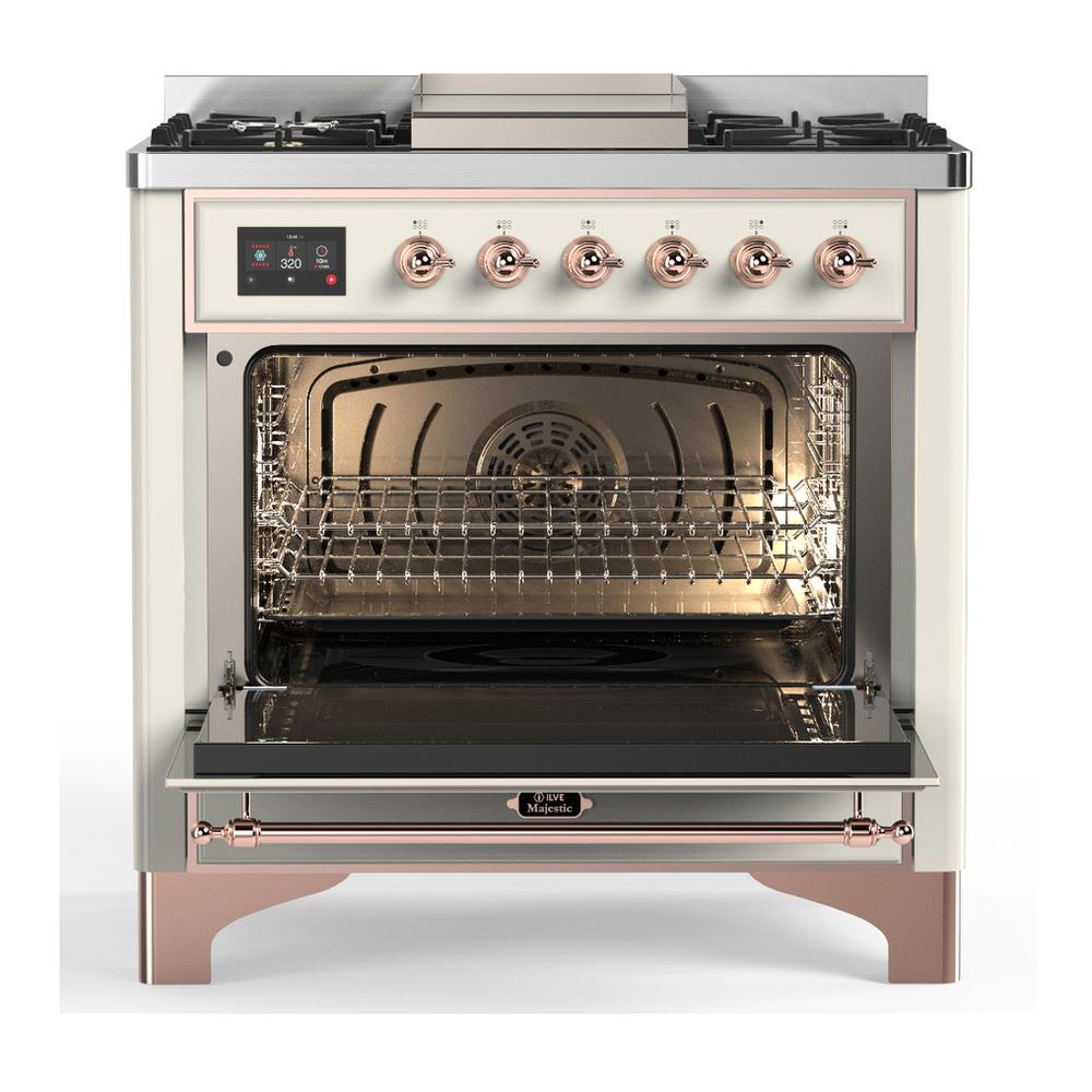 Ilve UM36FNR3AWPLP Ilve Um36Fnr3Awplp Majestic Iii 36 Inch Dual Fuel Range With 6 Black Brass Burners And Griddle, Dual Function Burner Up To 25,000 Btu (Triple Glass Door, Antique White, Copper, Liquid Propane)