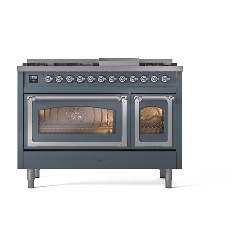 Ilve UN48FNMPBGC Ilve Un48Fnmpbgc Nostalgie Ii Noblesse 48" Dual Fuel Range (8 Sealed Burners + Griddle, Natural Gas, Triple Glass Door, Blue Grey, Chrome)