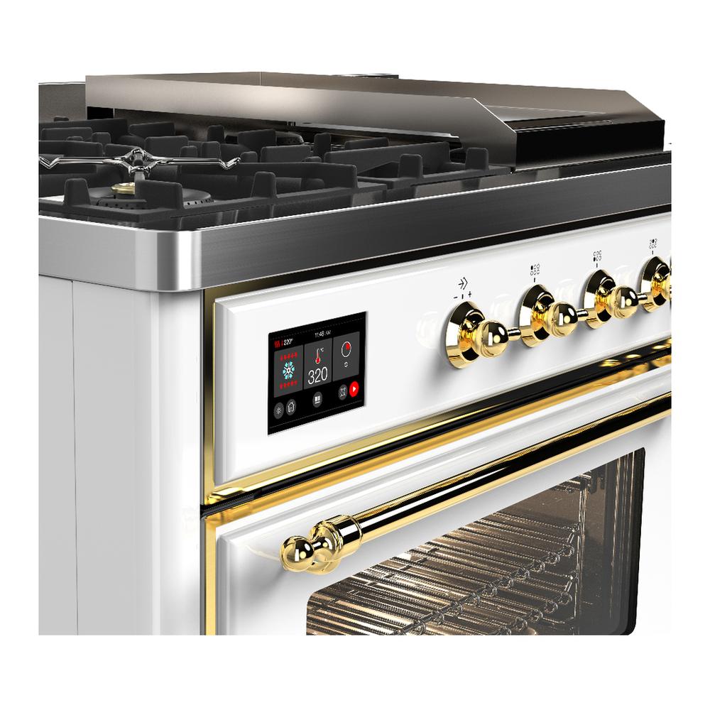 Ilve UM48FSNR3WHGLP Ilve Um48Fsnr3Whglp Majestic Iii 48 Inch Dual Fuel Range With 5 Black Brass Burners, Griddle And French Top, Dual Function Burner Up To 25,000 Btu (Liquid Propane, Triple Glass Door, White, Brass)