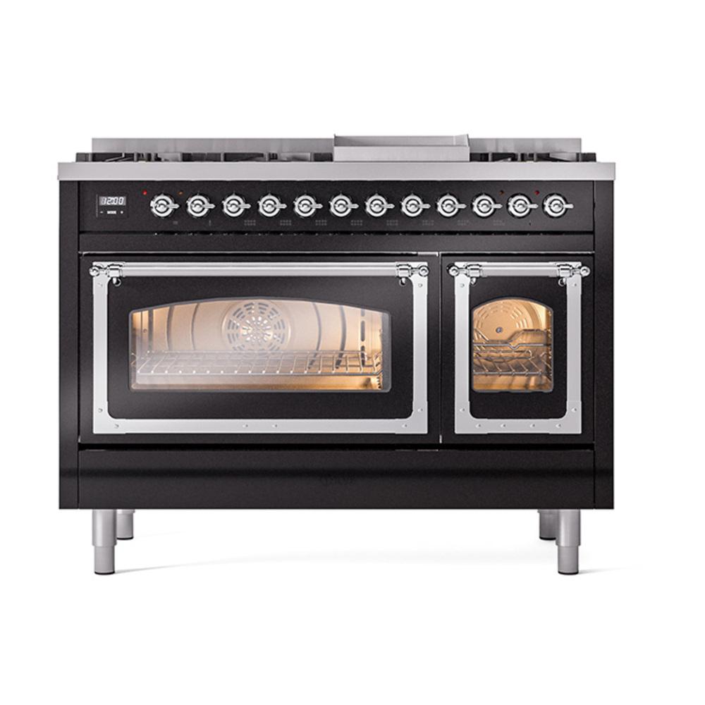 Ilve UN48FNMPBKC Ilve Un48Fnmpbkc Nostalgie Ii Noblesse 48" Dual Fuel Range (8 Sealed Burners + Griddle, Natural Gas, Triple Glass Door, Glossy Black, Chrome)
