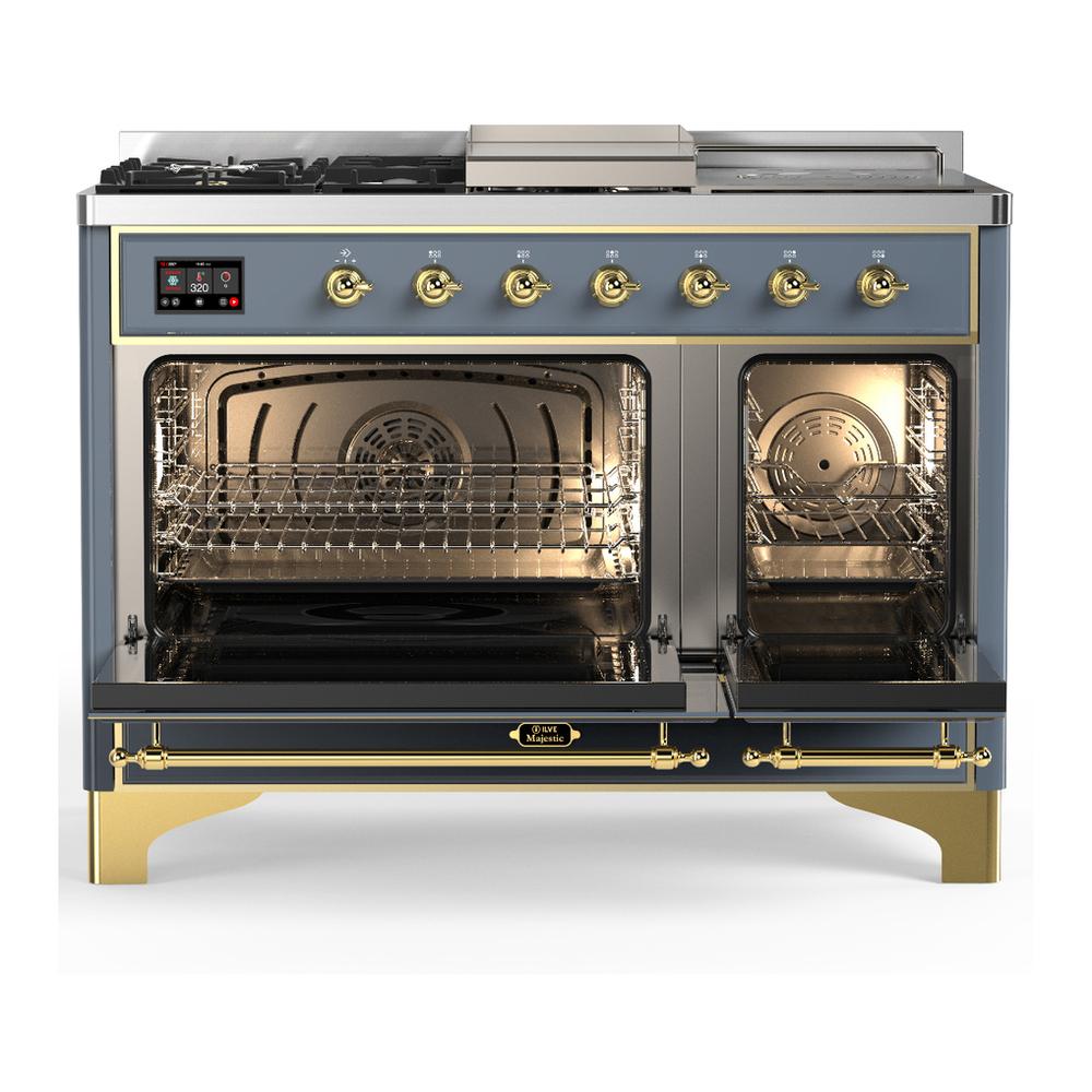 Ilve UM48FSNR3BGGLP Ilve Um48Fsnr3Bgglp Majestic Iii 48 Inch Dual Fuel Range With 5 Black Brass Burners, Griddle And French Top, Dual Function Burner Up To 25,000 Btu (Liquid Propane, Triple Glass Door, Blue Grey, Brass)