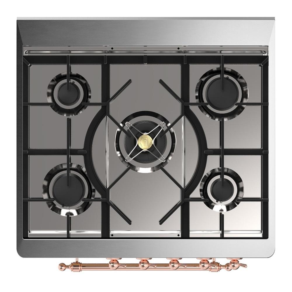 Ilve UM30QNR3WHPLP Ilve Um30Qnr3Whplp Majestic Iii 30 Inch Dual Fuel Range With 5 Black Brass Burners, Dual Function Burner Up To 25,000 Btu (Liquid Propane, Solid Door, White, Copper)
