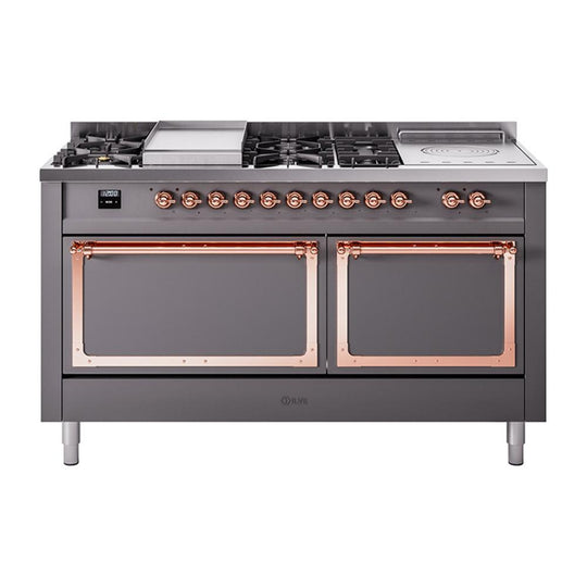 Ilve UN60FSQNMPMGPLP Ilve Un60Fsqnmpmgplp Nostalgie Ii Noblesse 60" Dual Fuel Range (7 Sealed Burners + Griddle + French Top, Liquid Propane, Solid Door, Graphite Matte, Copper)