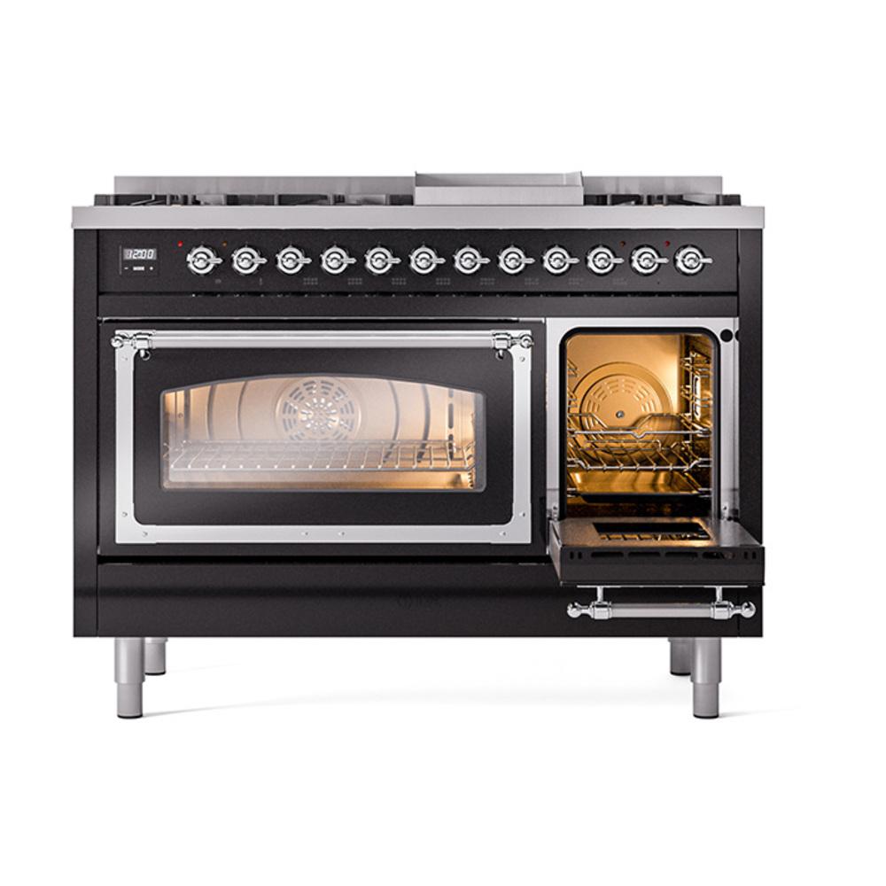Ilve UN48FNMPBKC Ilve Un48Fnmpbkc Nostalgie Ii Noblesse 48" Dual Fuel Range (8 Sealed Burners + Griddle, Natural Gas, Triple Glass Door, Glossy Black, Chrome)