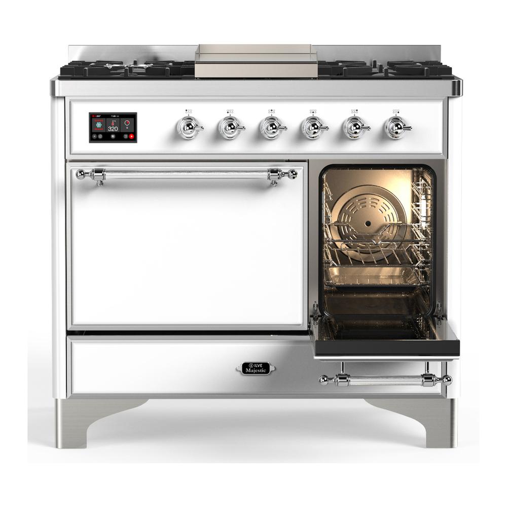 Ilve UMD40FQNR3WHCLP Ilve Umd40Fqnr3Whclp Majestic Iii 40 Inch Dual Fuel Range With 6 Burners And Griddle, Dual Function Burner Up To 25,000 Btu (Liquid Propane, Solid Door, White, Chrome)