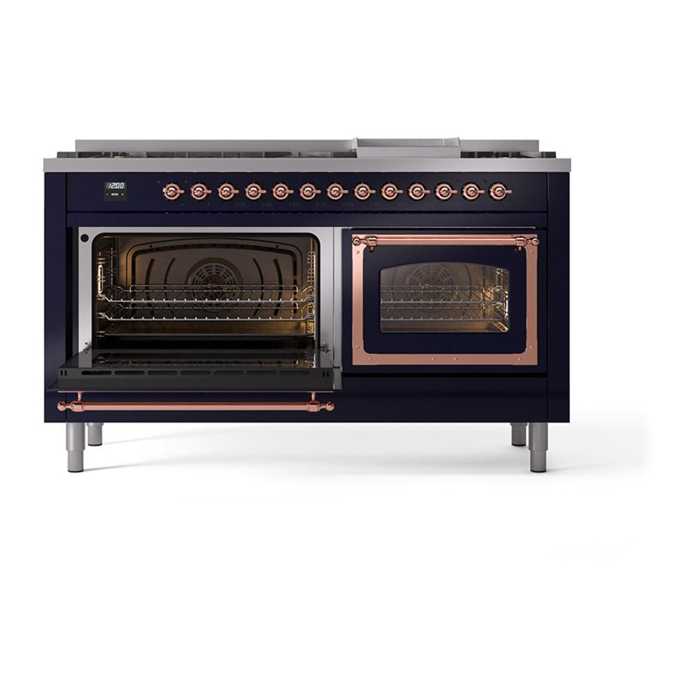 Ilve UN60FNMPMBPLP Ilve Un60Fnmpmbplp Nostalgie Ii Noblesse 60" Dual Fuel Range (9 Sealed Burners + Griddle, Liquid Propane, Triple Glass Door, Midnight Blue, Copper)