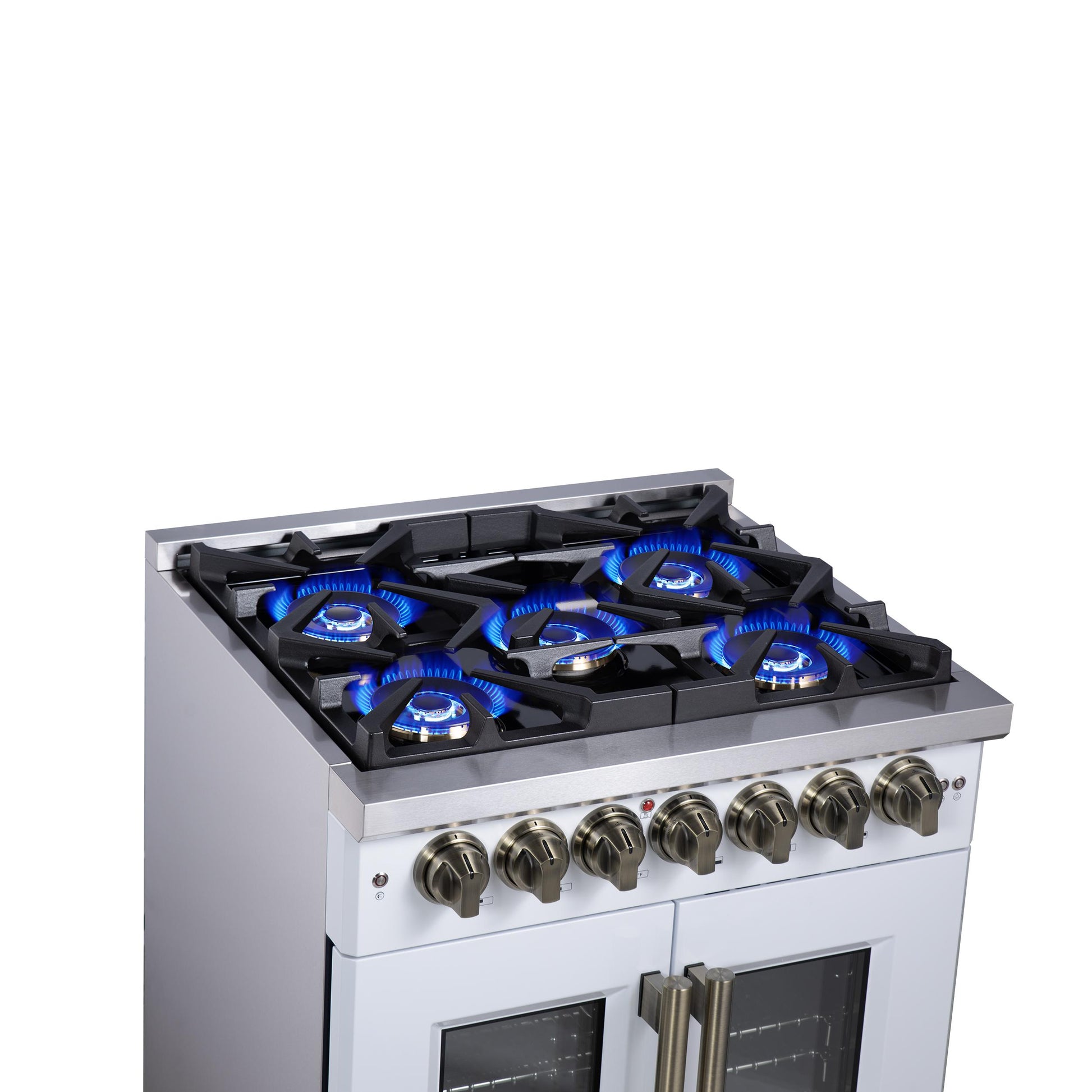 Forno FFSGS638730WHT Forno Capriasca 30-Inch Freestanding French Door Dual Fuel Range In White With Antique Brass Accessories, 5 Burners, True Convection Oven