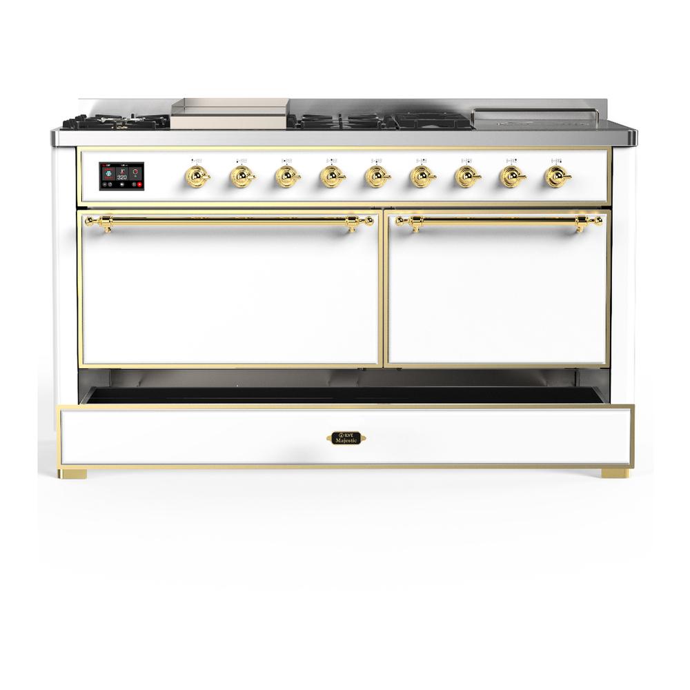 Ilve UM60FSQNR3WHG Ilve Um60Fsqnr3Whg Majestic Iii 60 Inch Dual Fuel Range With 7 Burners, Griddle And French Top, Dual Function Burner With Up To 25,000 Btu (Natural Gas, Solid Door, White, Brass)