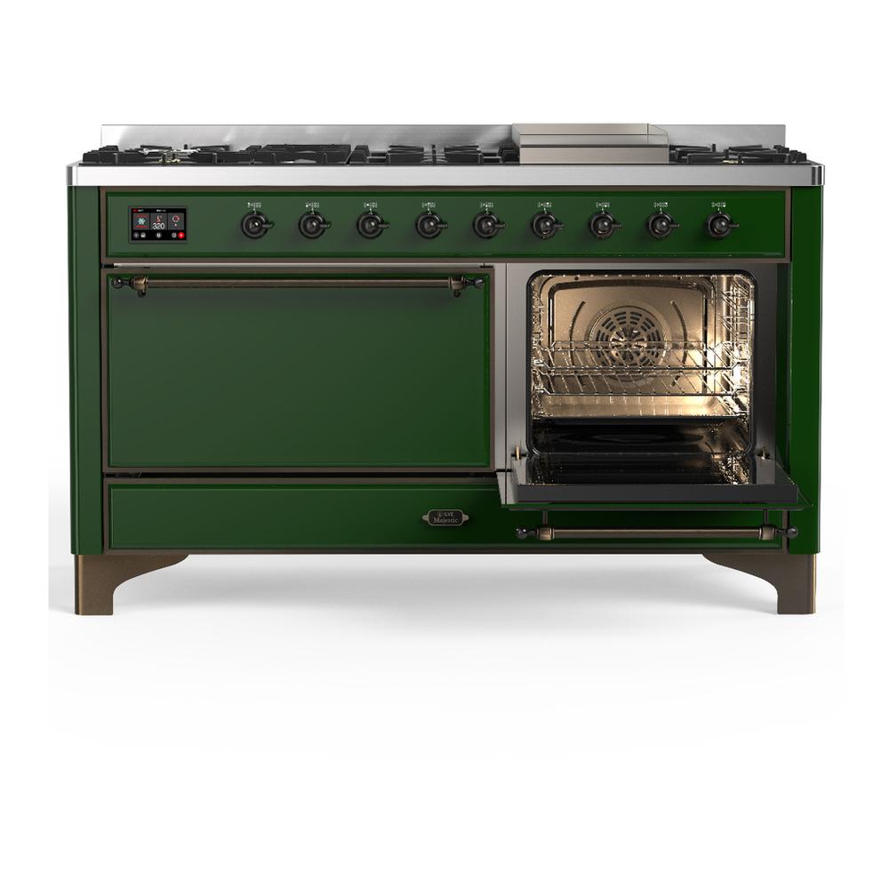 Ilve UM60FQNR3EGB Ilve Um60Fqnr3Egb Majestic Iii 60 Inch Dual Fuel Range With 9 Burners And Griddle, Dual Function Burner Up To 25,000 Btu (Natural Gas, Solid Door, Emerald Green, Burnished)