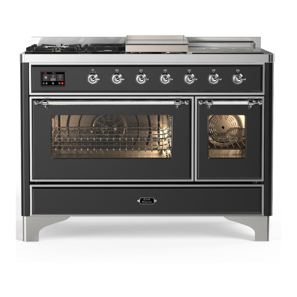 Ilve UM48FSNR3MGCLP Ilve Um48Fsnr3Mgclp Majestic Iii 48 Inch Dual Fuel Range With 5 Black Brass Burners, Griddle And French Top, Dual Function Burner Up To 25,000 Btu (Liquid Propane, Triple Glass Door, Graphite Matte, Chrome)