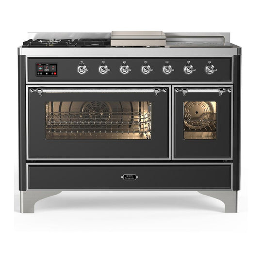 Ilve UM48FSNR3MGCLP Ilve Um48Fsnr3Mgclp Majestic Iii 48 Inch Dual Fuel Range With 5 Black Brass Burners, Griddle And French Top, Dual Function Burner Up To 25,000 Btu (Liquid Propane, Triple Glass Door, Graphite Matte, Chrome)