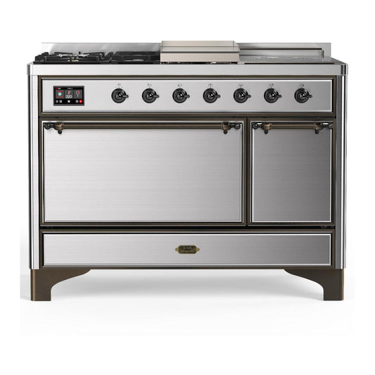 Ilve UM48FSQNR3SSBLP Ilve Um48Fsqnr3Ssblp Majestic Iii 48 Inch Dual Fuel Range With 5 Black Brass Burners, Griddle And French Top, Dual Function Burner Up To 25,000 Btu (Liquid Propane, Solid Door, Stainless Steel, Burnished)