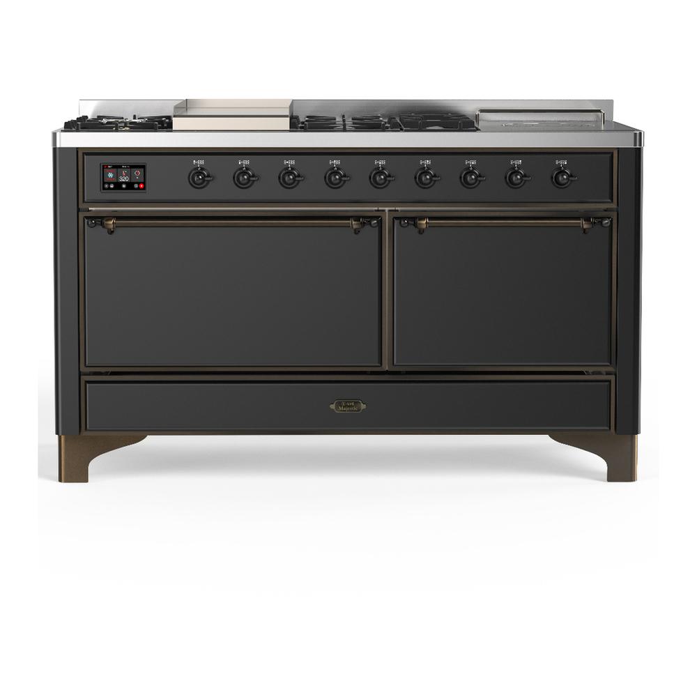Ilve UM60FSQNR3MGBLP Ilve Um60Fsqnr3Mgblp Majestic Iii 60 Inch Dual Fuel Range With 7 Burners, Griddle And French Top, Dual Function Burner With Up To 25,000 Btu (Liquid Propane, Solid Door, Graphite Matte, Burnished)