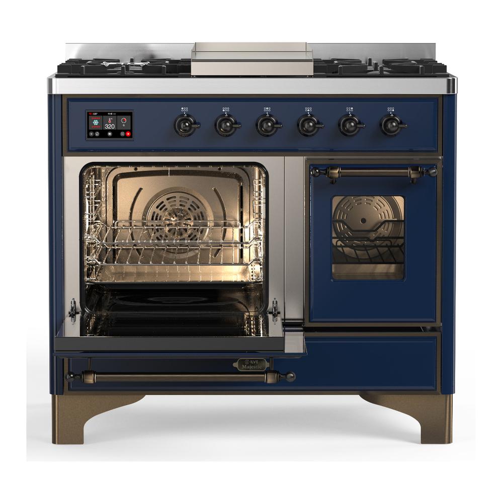 Ilve UMD40FNR3MBBLP Ilve Umd40Fnr3Mbblp Majestic Iii 40 Inch Dual Fuel Range With 6 Burners And Griddle, Dual Function Burner Up To 25,000 Btu (Liquid Propane, Triple Glass Door, Midnight Blue, Burnished)