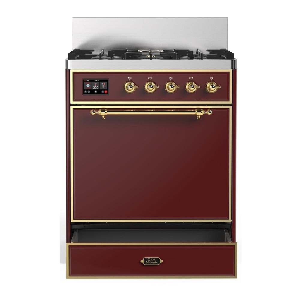 Ilve UM30QNR3BUG Ilve Um30Qnr3Bug Majestic Iii 30 Inch Dual Fuel Range With 5 Black Brass Burners, Dual Function Burner Up To 25,000 Btu (Natural Gas, Solid Door, Burgundy, Brass)