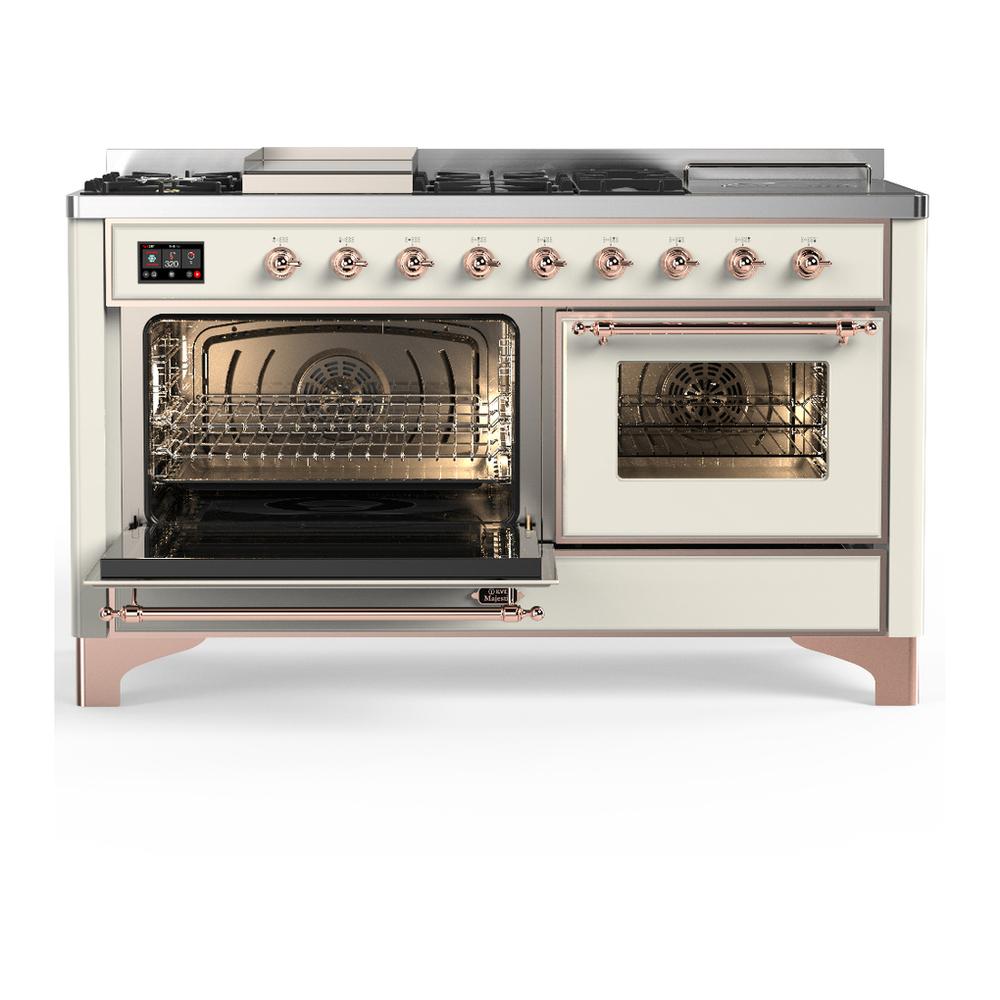 Ilve UM60FSNR3AWP Ilve Um60Fsnr3Awp Majestic Iii 60 Inch Dual Fuel Range With 7 Burners, Griddle And French Top, Dual Function Burner With Up To 25,000 Btu (Natural Gas, Triple Glass Door, Antique White, Copper)
