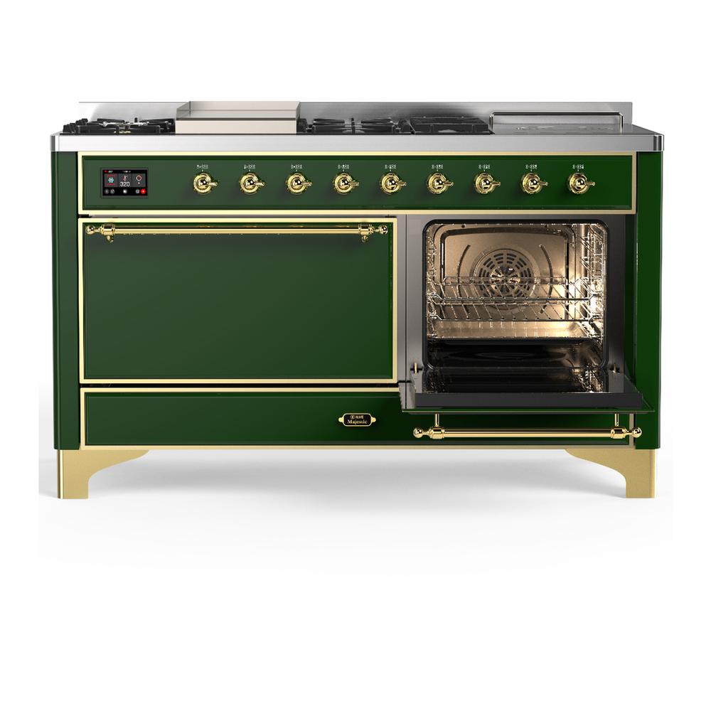 Ilve UM60FSQNR3EGG Ilve Um60Fsqnr3Egg Majestic Iii 60 Inch Dual Fuel Range With 7 Burners, Griddle And French Top, Dual Function Burner With Up To 25,000 Btu (Natural Gas, Solid Door, Emerald Green, Brass)