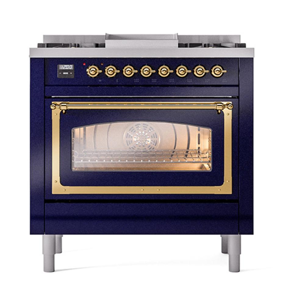 Ilve UN36FNMPMBG Ilve Un36Fnmpmbg Nostalgie Ii Noblesse 36" Dual Fuel Range (Natural Gas, Triple Glass Door, Midnight Blue, Brass)