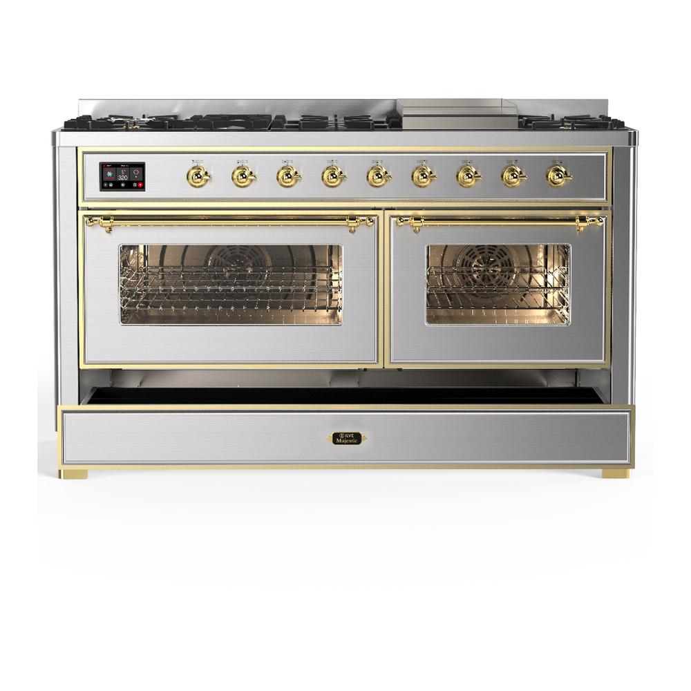 Ilve UM60FNR3SSGLP Ilve Um60Fnr3Ssglp Majestic Iii 60 Inch Dual Fuel Range With 9 Burners And Griddle, Dual Function Burner Up To 25,000 Btu (Liquid Propane, Triple Glass Door, Stainless Steel, Brass)