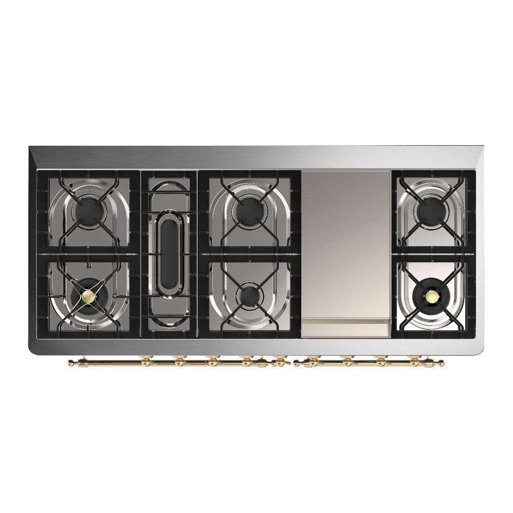 Ilve UM60FQNR3BGG Ilve Um60Fqnr3Bgg Majestic Iii 60 Inch Dual Fuel Range With 9 Burners And Griddle, Dual Function Burner Up To 25,000 Btu (Natural Gas, Solid Door, Blue Grey, Brass)