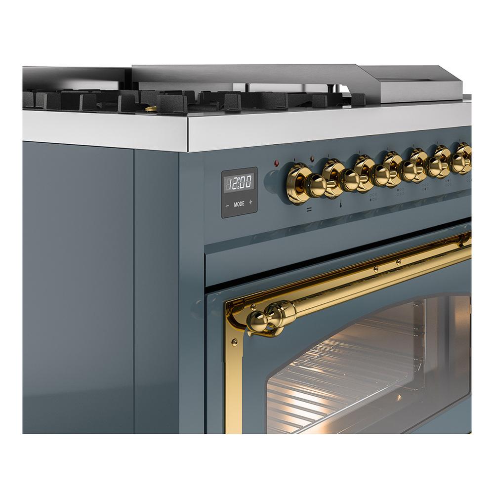 Ilve UN48FSNMPBGG Ilve Un48Fsnmpbgg Nostalgie Ii Noblesse 48" Dual Fuel Range (5 Sealed Burners + Griddle + French Top, Natural Gas, Triple Glass Door, Blue Grey, Brass)