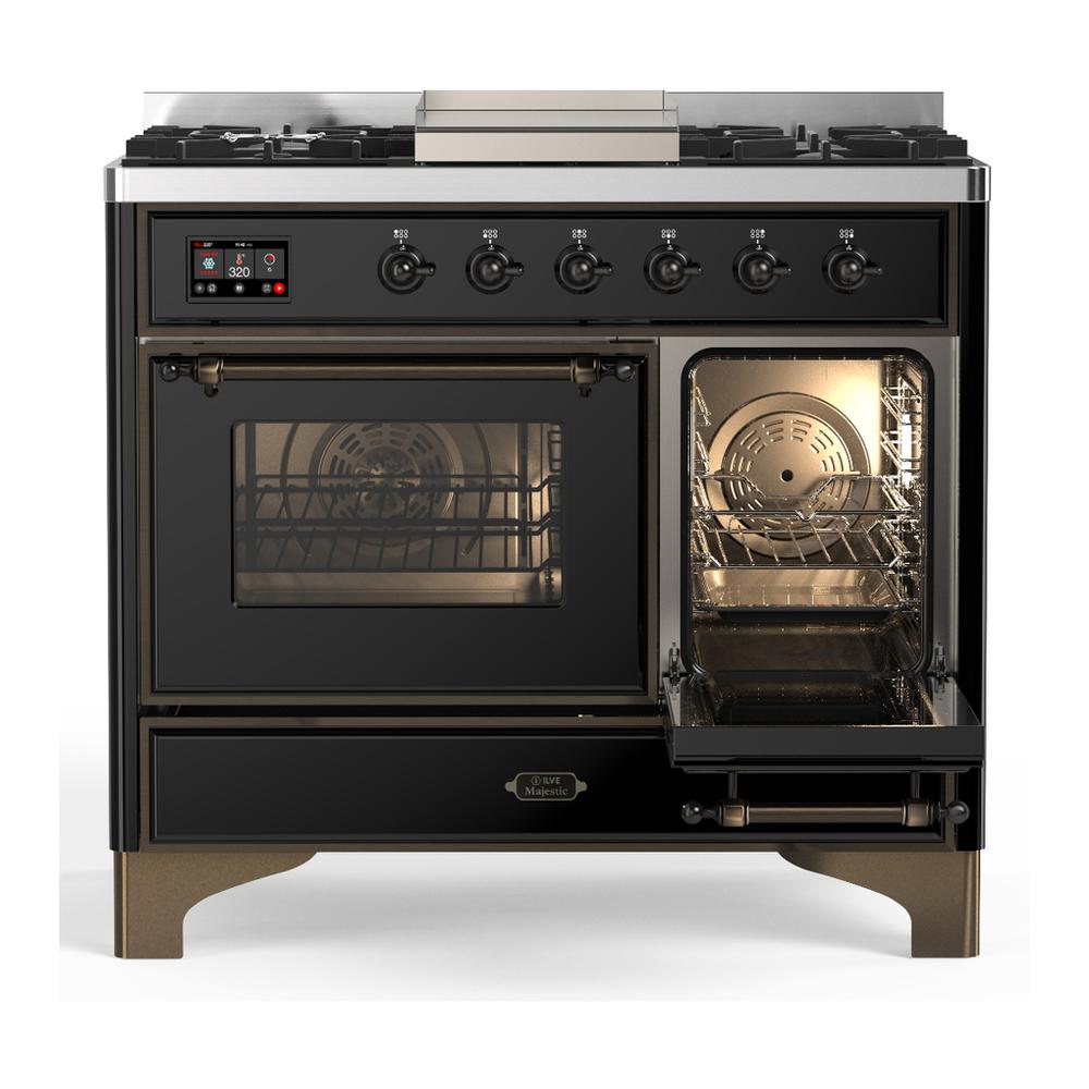 Ilve UMD40FNR3BKBLP Ilve Umd40Fnr3Bkblp Majestic Iii 40 Inch Dual Fuel Range With 6 Burners And Griddle, Dual Function Burner Up To 25,000 Btu (Liquid Propane, Triple Glass Door, Glossy Black, Burnished)
