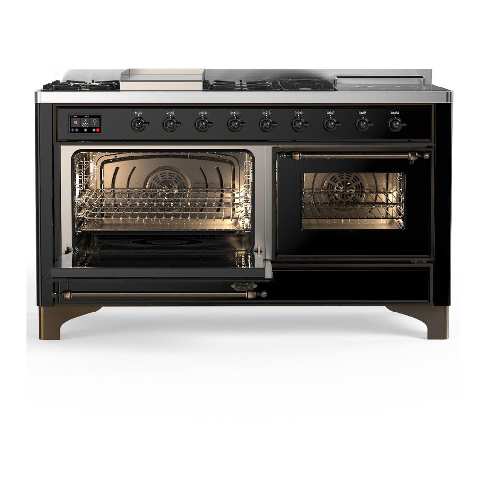Ilve UM60FSNR3BKB Ilve Um60Fsnr3Bkb Majestic Iii 60 Inch Dual Fuel Range With 7 Burners, Griddle And French Top, Dual Function Burner With Up To 25,000 Btu (Natural Gas, Triple Glass Door, Glossy Black, Burnished)