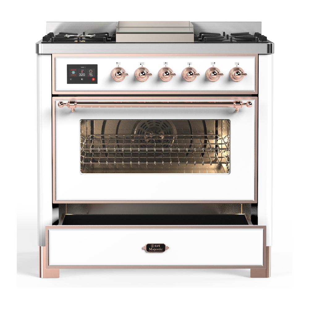 Ilve UM36FNR3WHPLP Ilve Um36Fnr3Whplp Majestic Iii 36 Inch Dual Fuel Range With 6 Black Brass Burners And Griddle, Dual Function Burner Up To 25,000 Btu (Triple Glass Door, White, Copper, Liquid Propane)