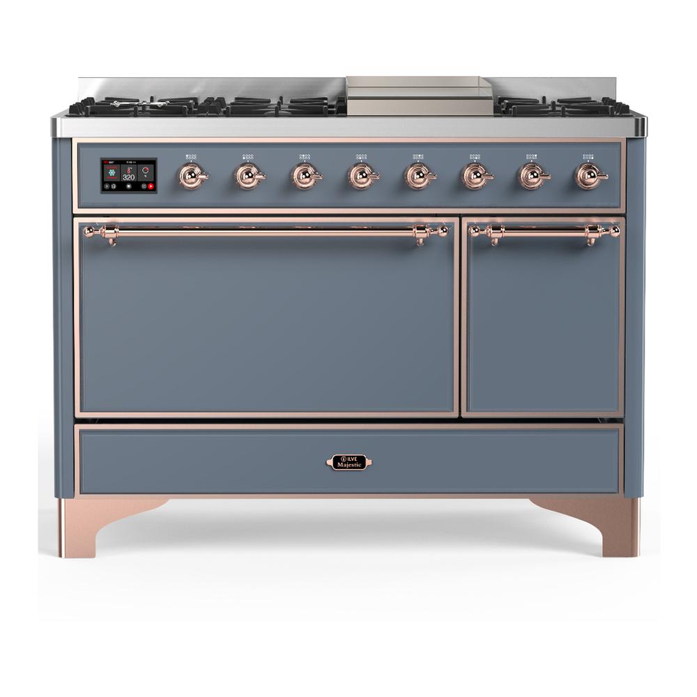 Ilve UM48FQNR3BGPLP Ilve Um48Fqnr3Bgplp Majestic Iii 48 Inch Dual Fuel Range With 8 Burners And Griddle, Dual Function Burner Up To 25,000 Btu (Liquid Propane, Solid Door, Blue Grey, Copper)