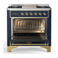 Ilve UM36FNR3MBG Ilve Um36Fnr3Mbg Majestic Iii 36 Inch Dual Fuel Range With 6 Black Brass Burners And Griddle, Dual Function Burner Up To 25,000 Btu (Triple Glass Door, Midnight Blue, Brass, Natural Gas)