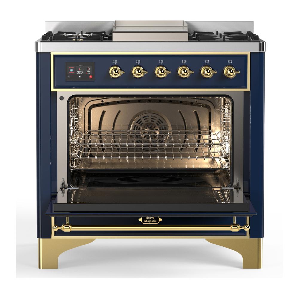 Ilve UM36FNR3MBG Ilve Um36Fnr3Mbg Majestic Iii 36 Inch Dual Fuel Range With 6 Black Brass Burners And Griddle, Dual Function Burner Up To 25,000 Btu (Triple Glass Door, Midnight Blue, Brass, Natural Gas)