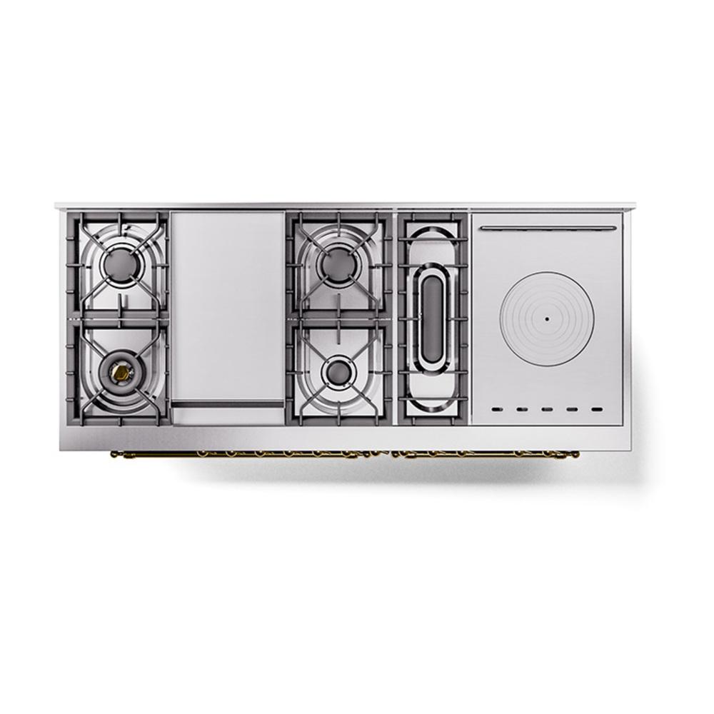 Ilve UN60FSNMPMBG Ilve Un60Fsnmpmbg Nostalgie Ii Noblesse 60" Dual Fuel Range (7 Sealed Burners + Griddle + French Top, Natural Gas, Triple Glass Door, Midnight Blue, Brass)