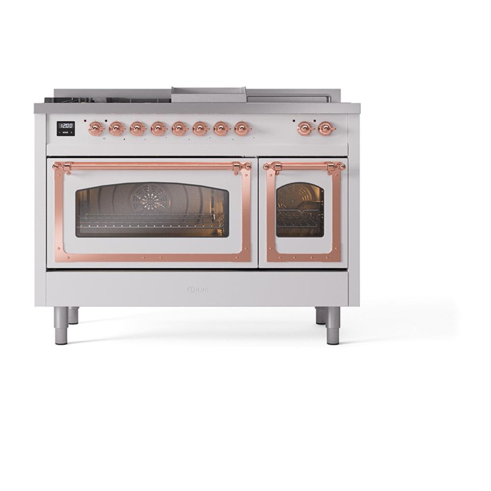 Ilve UN48FSNMPWHP Ilve Un48Fsnmpwhp Nostalgie Ii Noblesse 48" Dual Fuel Range (5 Sealed Burners + Griddle + French Top, Natural Gas, Triple Glass Door, White, Copper)