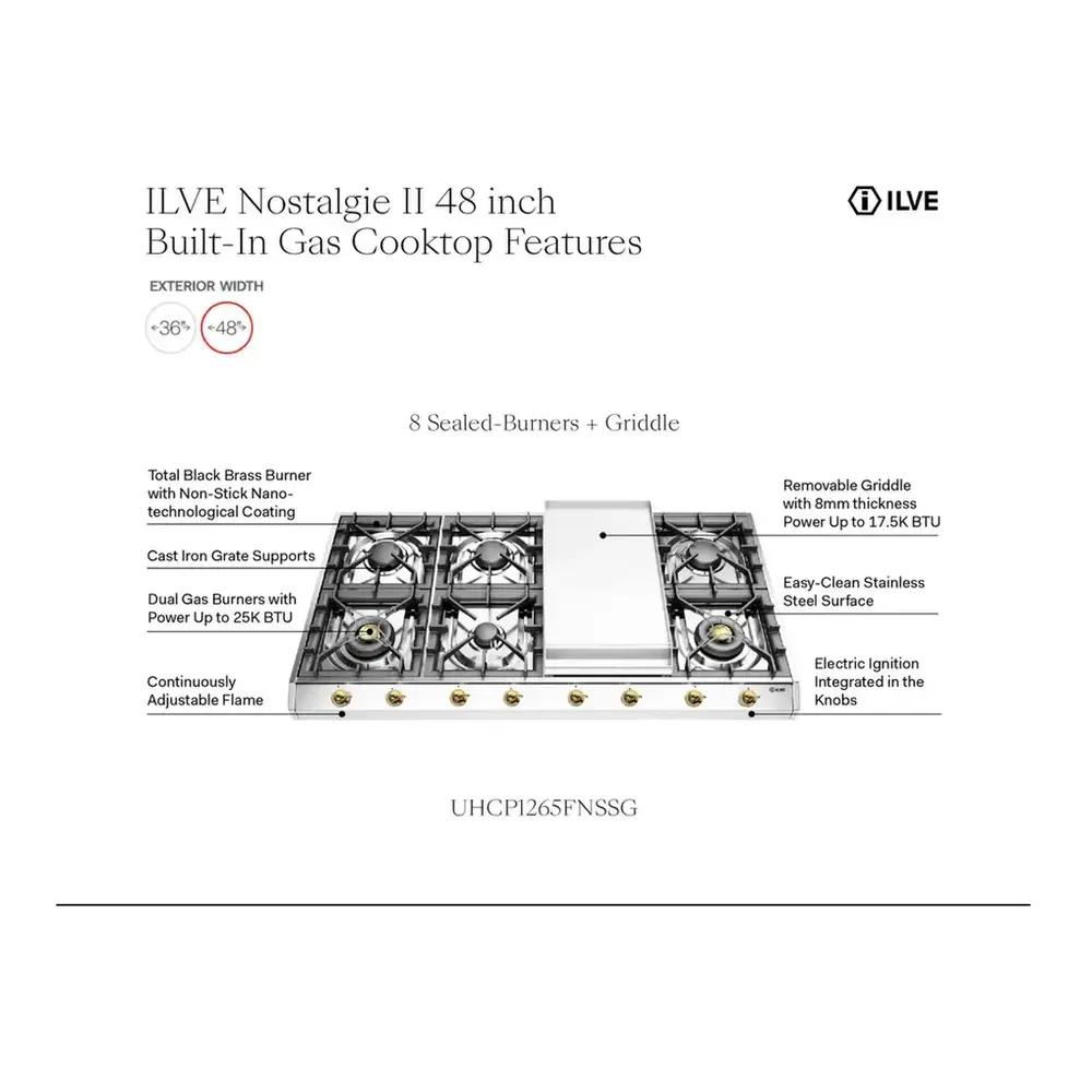 Ilve UHCP1265FNSSC Ilve Uhcp1265Fnssc Nostalgie Ii 48 Inch Gas Cooktop With 8 Burners, Griddle, In Stainless Steel (Natural Gas, Chrome)