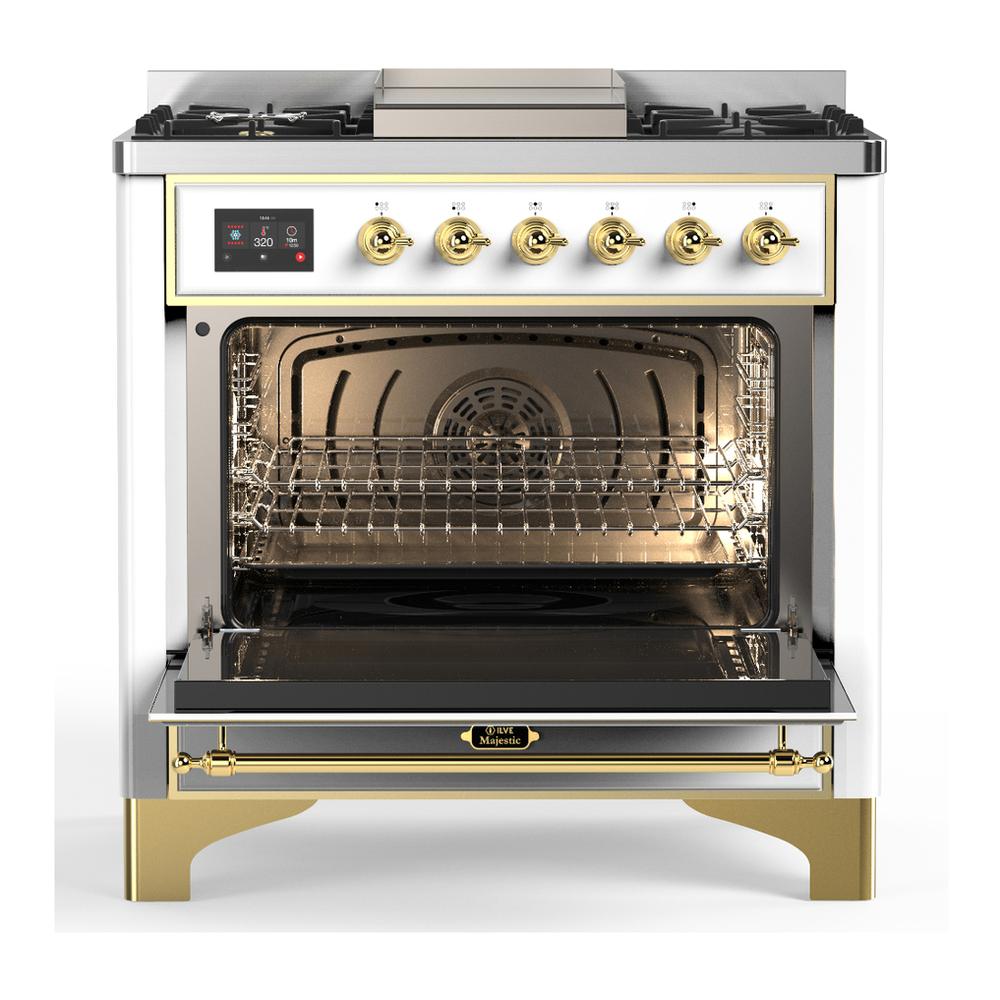 Ilve UM36FQNR3WHG Ilve Um36Fqnr3Whg Majestic Iii 36 Inch Dual Fuel Range With 6 Black Brass Burners And Griddle, Dual Function Burner Up To 25,000 Btu (Solid Door, White, Brass, Natural Gas)