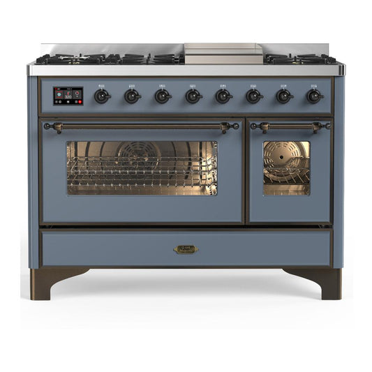 Ilve UM48FNR3BGB Ilve Um48Fnr3Bgb Majestic Iii 48 Inch Dual Fuel Range With 8 Burners And Griddle, Dual Function Burner Up To 25,000 Btu (Natural Gas, Triple Glass Door, Blue Grey, Burnished)