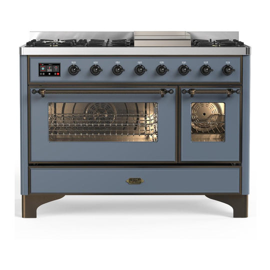 Ilve UM48FNR3BGB Ilve Um48Fnr3Bgb Majestic Iii 48 Inch Dual Fuel Range With 8 Burners And Griddle, Dual Function Burner Up To 25,000 Btu (Natural Gas, Triple Glass Door, Blue Grey, Burnished)