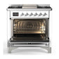 Ilve UM36FNR3WHC Ilve Um36Fnr3Whc Majestic Iii 36 Inch Dual Fuel Range With 6 Black Brass Burners And Griddle, Dual Function Burner Up To 25,000 Btu (Triple Glass Door, White, Chrome, Natural Gas)