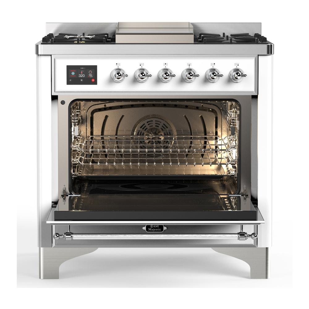 Ilve UM36FNR3WHC Ilve Um36Fnr3Whc Majestic Iii 36 Inch Dual Fuel Range With 6 Black Brass Burners And Griddle, Dual Function Burner Up To 25,000 Btu (Triple Glass Door, White, Chrome, Natural Gas)