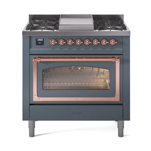 Ilve UN36FNMPBGPLP Ilve Un36Fnmpbgplp Nostalgie Ii Noblesse 36" Dual Fuel Range (Liquid Propane, Triple Glass Door, Blue Grey, Copper)